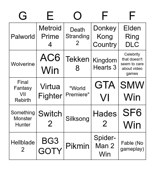 the game awards 2023 Bingo Card