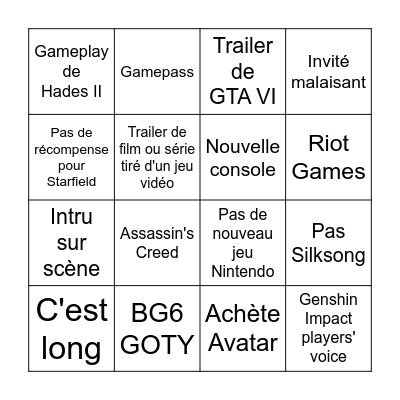 Game Awards 2023 Bingo Card