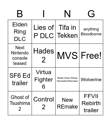 TGA 2023 Bingo Card