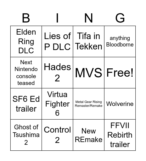 TGA 2023 Bingo Card