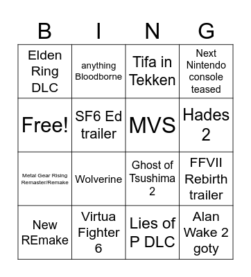 TGA 2023 Bingo Card