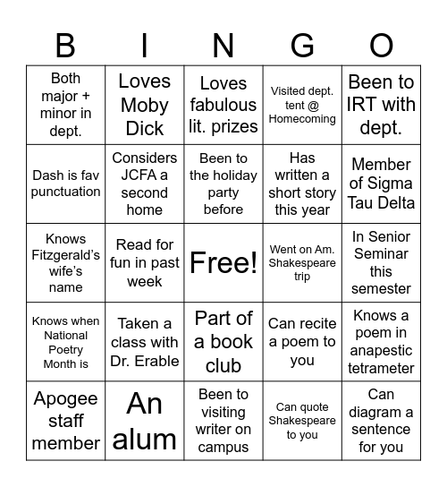 English & Creative Bingo Card