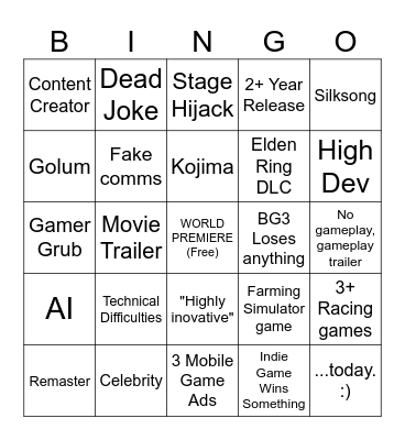 Game Awards 2023 Bingo Card