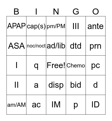 Time Frequency and Pharmacy Abbreviations Bingo Card
