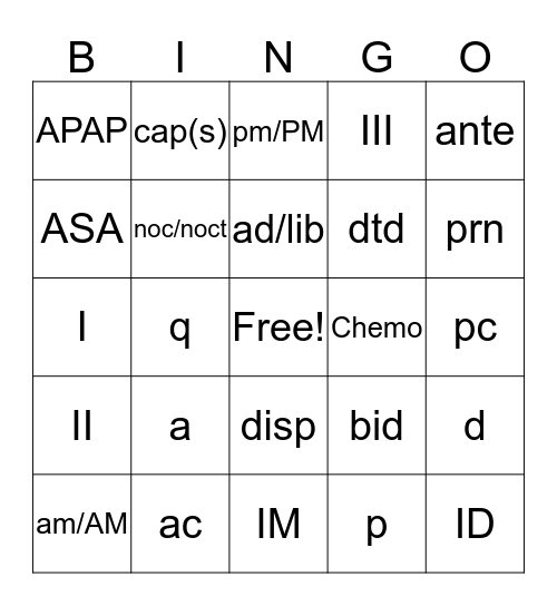 Time Frequency and Pharmacy Abbreviations Bingo Card