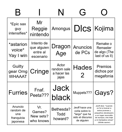 The game Awards 2023 Bingo Card
