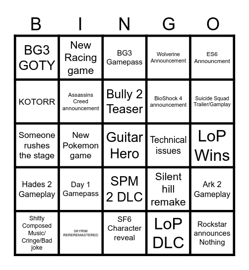 Game Awards 2023 Bingo Card