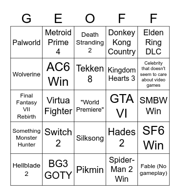 the game awards 2023 Bingo Card