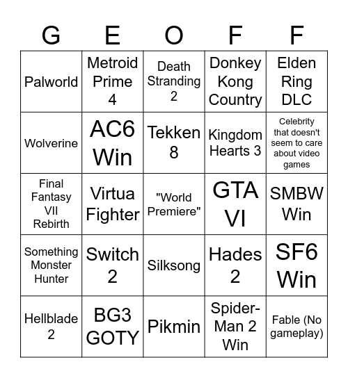 the game awards 2023 Bingo Card