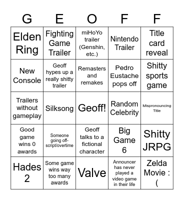 Game Awards Bingo Card