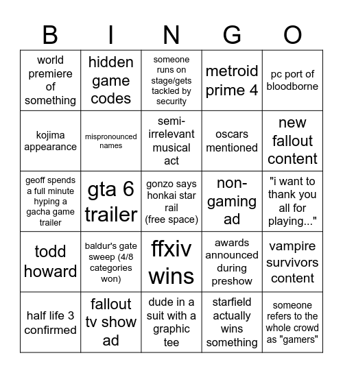 2023 GAME AWARDS BINGO!!! Bingo Card