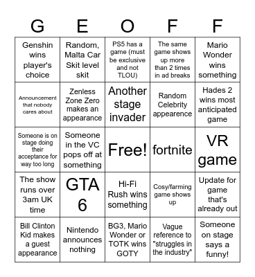 the games when they award Bingo Card