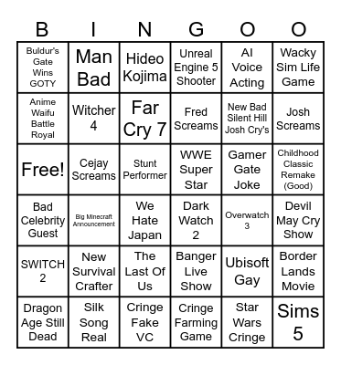 Game Awards 2023 Bingo Card