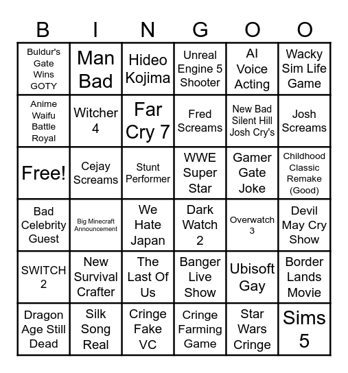 Game Awards 2023 Bingo Card