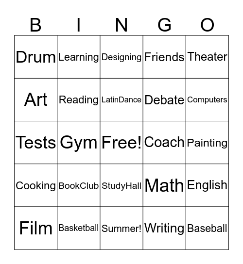 After-School Bingo Card