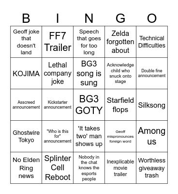 The Game Awards Bingo Card