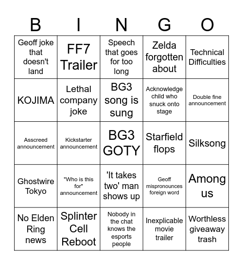 The Game Awards Bingo Card