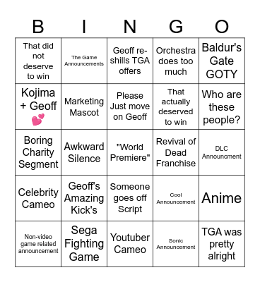 TGA Bingo Card