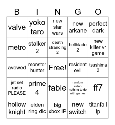 Game Awards Bingo Card