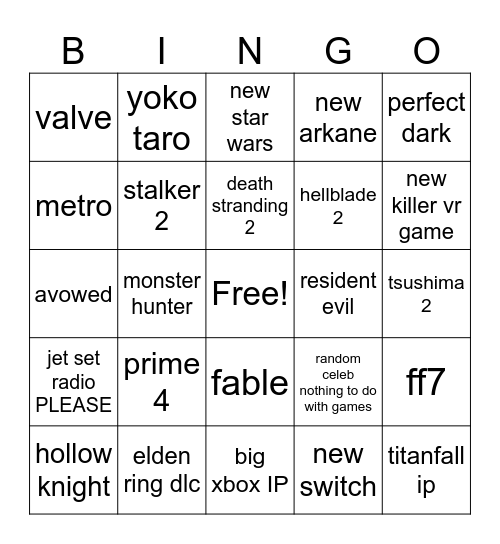 Game Awards Bingo Card