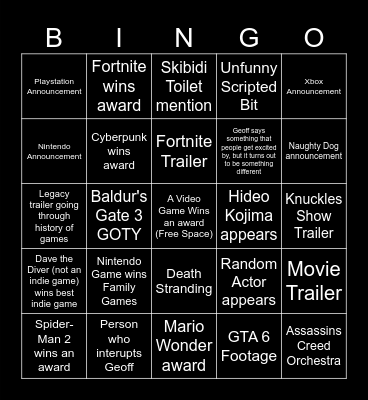 Game Awards Bingo Card