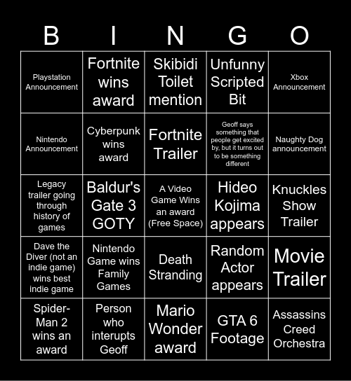 Game Awards Bingo Card