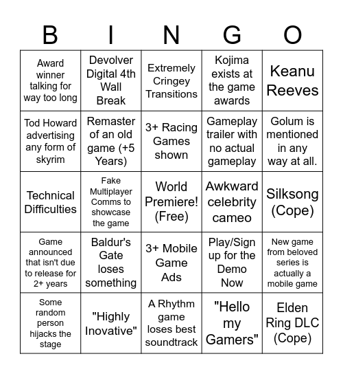 Game Awards 2023 Bingo Card