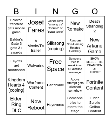 The Game Awards 2023 Bingo Card