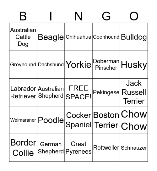 Dog Breed Bingo!  Bingo Card