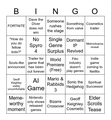 TGA 2023 Bingo Card