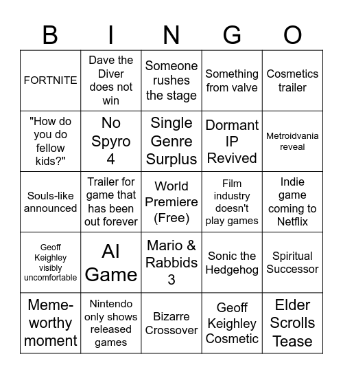 TGA 2023 Bingo Card