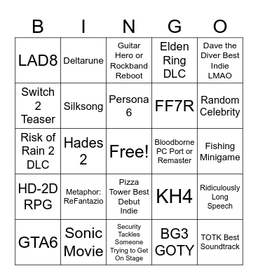 Game Awards Bingo Card