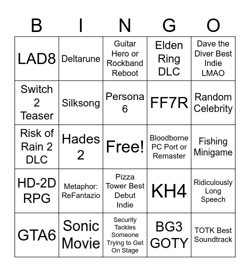 Game Awards Bingo Card