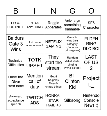 GAME AWARDIEs Bingo Card