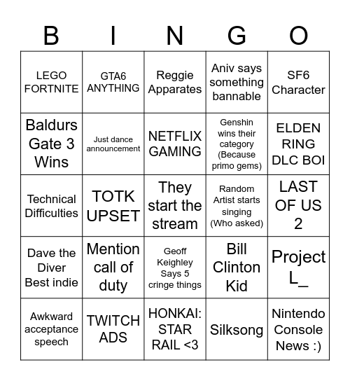 GAME AWARDIEs Bingo Card