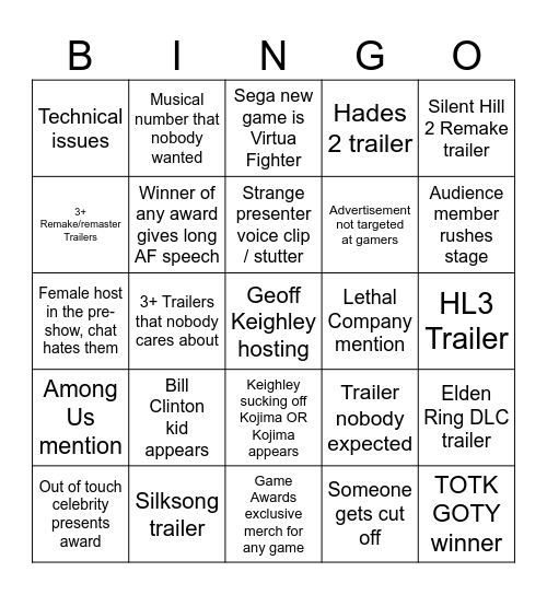 The Game Awards 2023 Bingo Card