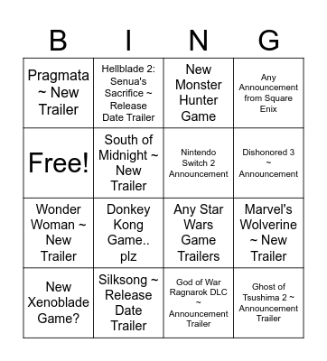 GAME AWARDS 2023 Bingo Card