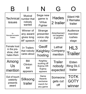 Game Awards 2023 Bingo Card