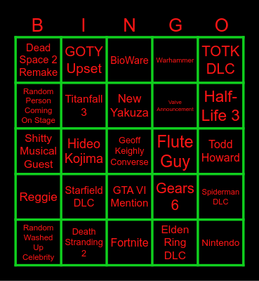 Game Awards 2023 Bingo Card