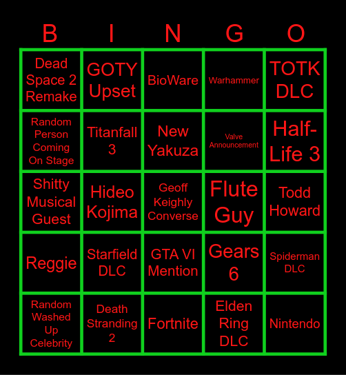 Game Awards 2023 Bingo Card