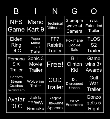 GR's Game Award Bingo Card Bingo Card