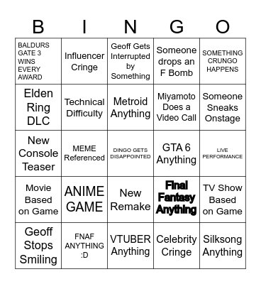 Game Awards Bingo Card