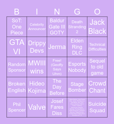 Game Awards Bingo Card