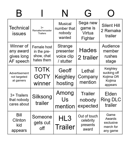 Game Awards 2023 Bingo Card