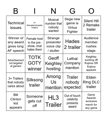 Game Awards 2023 Bingo Card