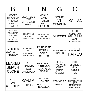 The Game Awards 2023 Bingo Card
