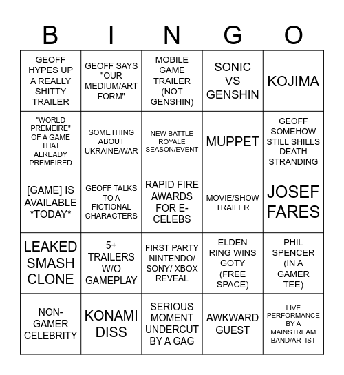 The Game Awards 2023 Bingo Card