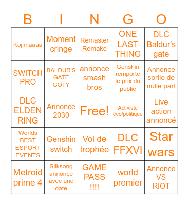 BINGO GAME AWARD Bingo Card