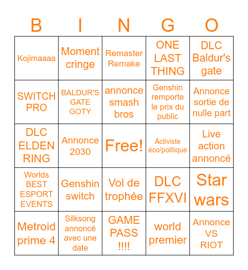 BINGO GAME AWARD Bingo Card