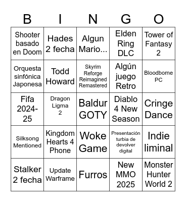 Game Awards Bingo Card